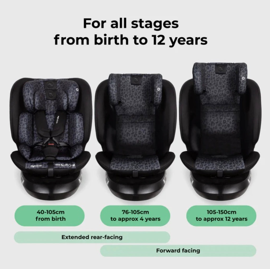 My Babiie MBCS200 Spin R129 Car Seat with Top Tether – Black Leopard