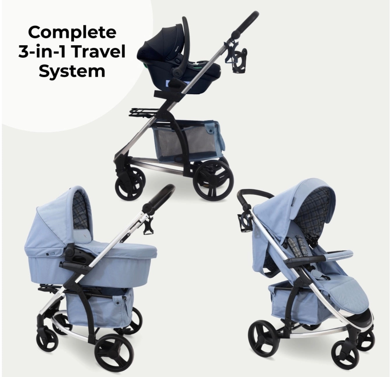 My Babiie MB200i 3in1 Travel System with i-Size Car Seat - Blue Plaid (MB200iDDBP)
